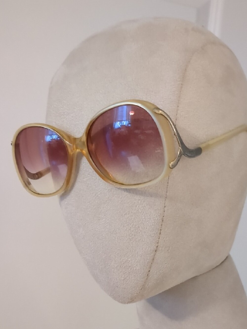 Retro 70s Large Round Sunglasses Cream Silver Oversized Vintage Eyewear